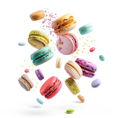 Fototapeta na wymiar colorful flying sweets baked goods on white background