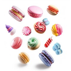 Obraz premium colorful flying sweets baked goods on white background