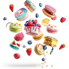 colorful flying sweets baked goods on white background