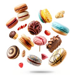colorful flying sweets baked goods on white background