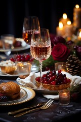 Obraz na płótnie Canvas Christmas table setting with wine and croissants. Selective focus.