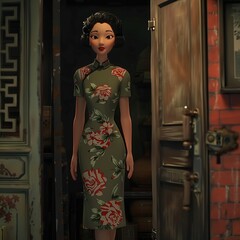 Movie animation style: full body. The beautiful and tall heroine, a Chinese woman, wearing a floral dress, just entered the bar door