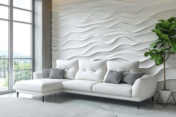 Minimalist interior design of modern living room with white corner sofa and wavy paneling wall