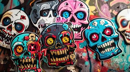 multiple awesome design worn colorful angry monster Skulls and bone stickers on top of each other, Street art style