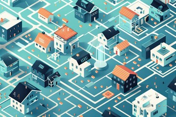 minimalist circuit board with tiny monopoly townhouses the style is flat and minimalistic with simple shapes and limited colors