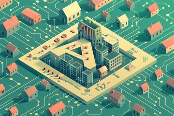 minimalist circuit board with tiny monopoly townhouses the style is flat and minimalistic with simple shapes and limited colors