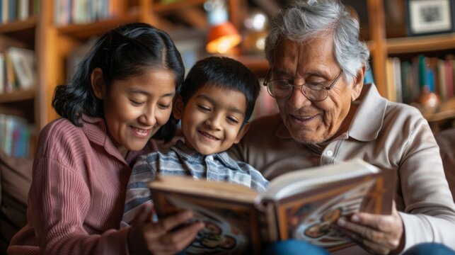 Older Man and Two Young Children Reading a Book