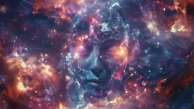 A colorful, abstract face with a glowing eye and a mouth