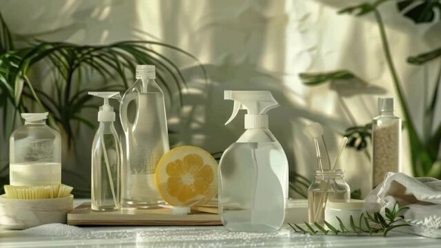 A table with various cleaning supplies including a bottle of Windex
