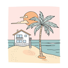 Beach house with palm tree on the seashore. Hand drawn vector illustration in flat style.