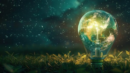 light bulb with smart thinking and environmentally friendly measures to protect the planet. Earth day, light, natural energy concept. Using eco-light technology.The idea of electricity
