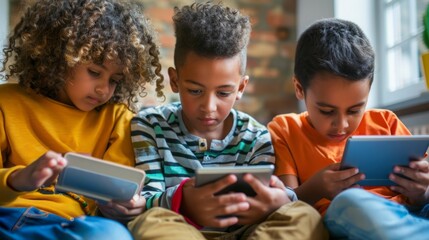 Three Children Sitting on a Couch Looking at a Tablet