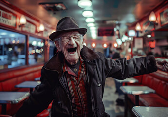 old man dancing in the middle of an american restaurant - obrazy, fototapety, plakaty