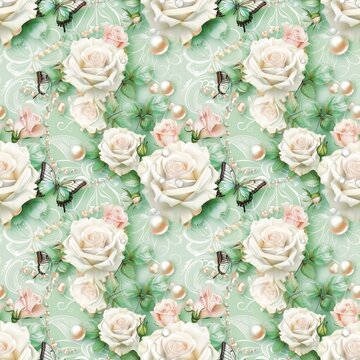 Bouquet of roses, mint green, butterflies, pearls, seamless illustrations vintage sweet fabric pattern, textiles, handicrafts, art, very sweet, background, 3 D wallpaper