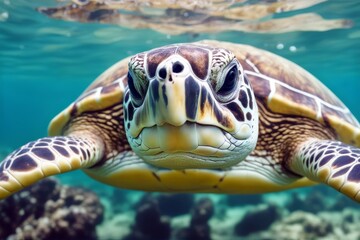 Fototapeta premium 'green shallow nature marine big turtle sea species seawater wild closeup island aquatic photo clear natural tropical travel philippines undersea deep bright holiday head swim dive summer reef'