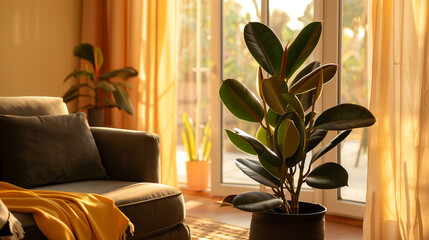 Rubber Plant in Cozy Living Room Corner
