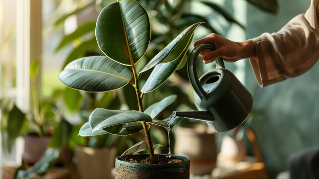 Watering a Healthy Rubber Plant at Home