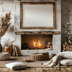 rustic wooden frame in landscape, empty pure white canvas