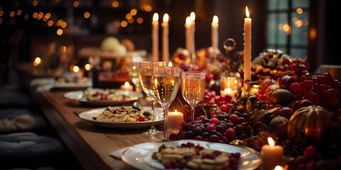 Christmas table with food and candles. Festive table in the shape of a Christmas tree.