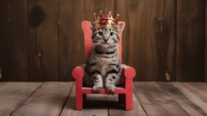 A humorous scene of a cat wearing a tiny crown and sitting on a miniature throne, pretending to be royalty.