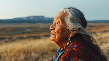 cinematic of an old native american woman in the desert