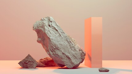 Contemporary minimalist scene of a jagged stone as a decoration or even poidum for photo product.