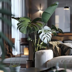 vibrant monstera composition in a cozy living room and modern interiors
