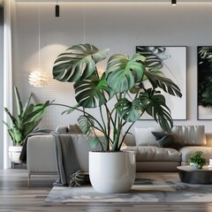 vibrant monstera composition in a cozy living room and modern interiors