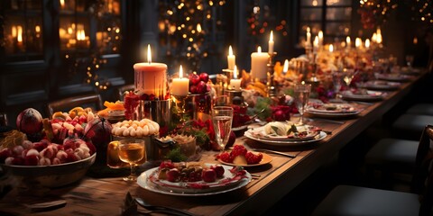 Festive table with food and wine in the restaurant. Festive dinner in the dark.