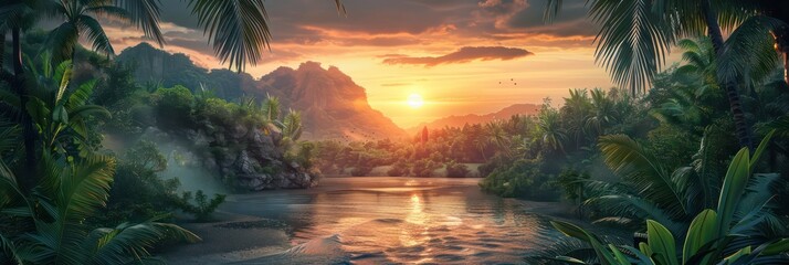 beautiful tropical sunset with lush jungle and mountains