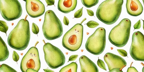 Seamless pattern, Watercolor illustration of ripe avocados of different sizes and shapes, natural and fresh. AI generated.culinary blogs, pattern for fabric or paper.