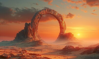 A fantastical gate entrance is depicted within a vast desert landscape, dominated by sweeping dunes and an expansive, clear sky - obrazy, fototapety, plakaty