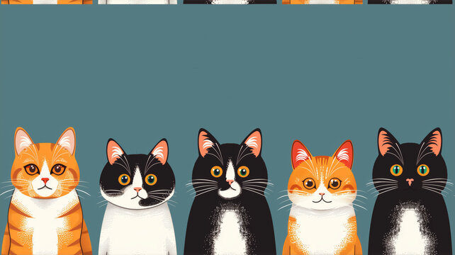 A seamless poster featuring adorable cartoon cat characters, showcasing a variety of poses and emotions, perfect for cat lovers and enthusiasts alike