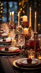 Fototapeta na wymiar Beautiful Christmas table setting with candles. Selective focus. Holiday.