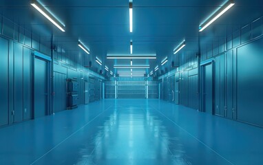 realistic warehouse with light blue glowing space