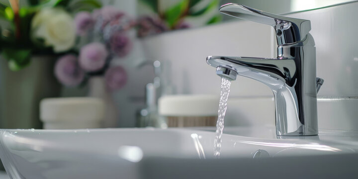 Closeup of a modern faucet with water flowing in a bathroom, focused on the chrome metal tap and white sink