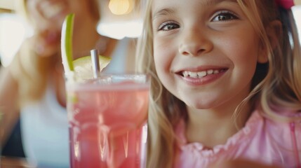 A young girl happily sipping on a glass of berryinfused lemonade while her mother enjoys a refreshing cucumber mocktail. - obrazy, fototapety, plakaty