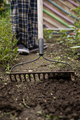 work tools for sowing, objects for harvesting and sowing the environment, farming scene with rake