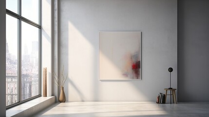 Fototapeta premium The wall hosts a minimalist painting, a beacon of understated beauty, inviting observers to appreciate the power of simplicity in art