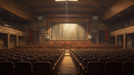 Naklejka premium In a high school auditorium, the noise and laughter subsides as students sit down at their desks ready for class, creating an atmosphere of academic concentration