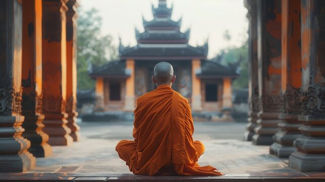 Back view of buddhist monk in orange robe, asian master meditating sitting in lotus pose in fron of ancient temple or monastery - Powered by Adobe