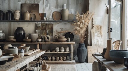 Interior design, an artistic Wabi-Sabi studio combining functionality with aesthetic imperfection, featuring handcrafted items and raw textures