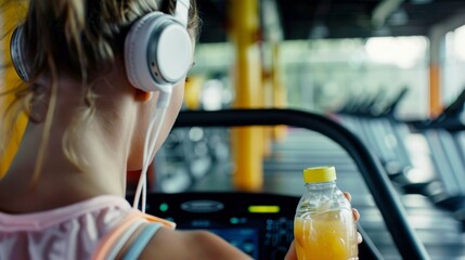 A young woman jogs on a treadmill bobbing her head to the upbeat music playing in her headphones a bottle of fresh juice p in the cup holder.