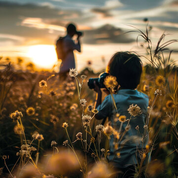 A boy is taking a picture of a field of dandelions