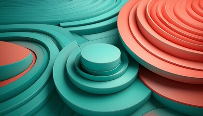 Circular motifs in a digital collage, incorporating shades of turquoise and coral