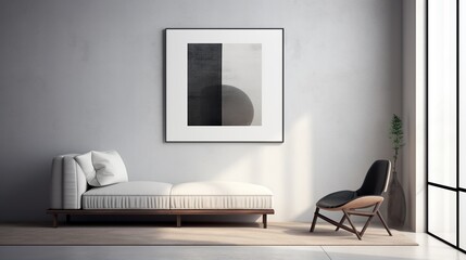 mockup of a white vertical frame, in the bedroom above the bed in a modern style, in soft light colors 