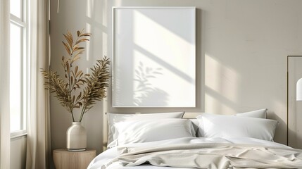 mockup of a white vertical frame, in the bedroom above the bed in a modern style, in soft light colors 