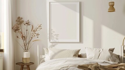 mockup of a white vertical frame, in the bedroom above the bed in a modern style, in soft light colors 