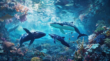 ocean, underwater atmosphere, coral, underwater plant, blue sea, several whales swimming inside, blue and white whales, hyperrealistic, photography