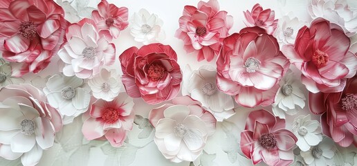 illustrated watercolour paper flowers embroidered with a red and pink pattern